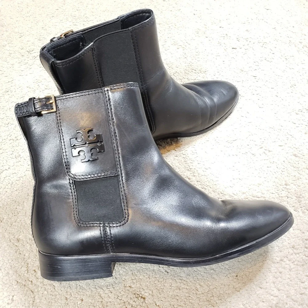 Tory Burch Womens Boots 9.5M Wyatt Mid-Calf Ankle Bootie Black Leather Buckle